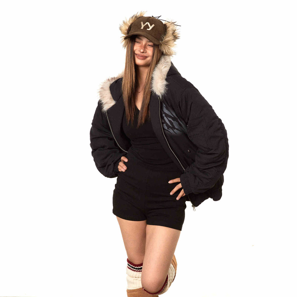 Printed Hooded Fur Collar Cotton-padded Coat Baggy Coat - Black / S