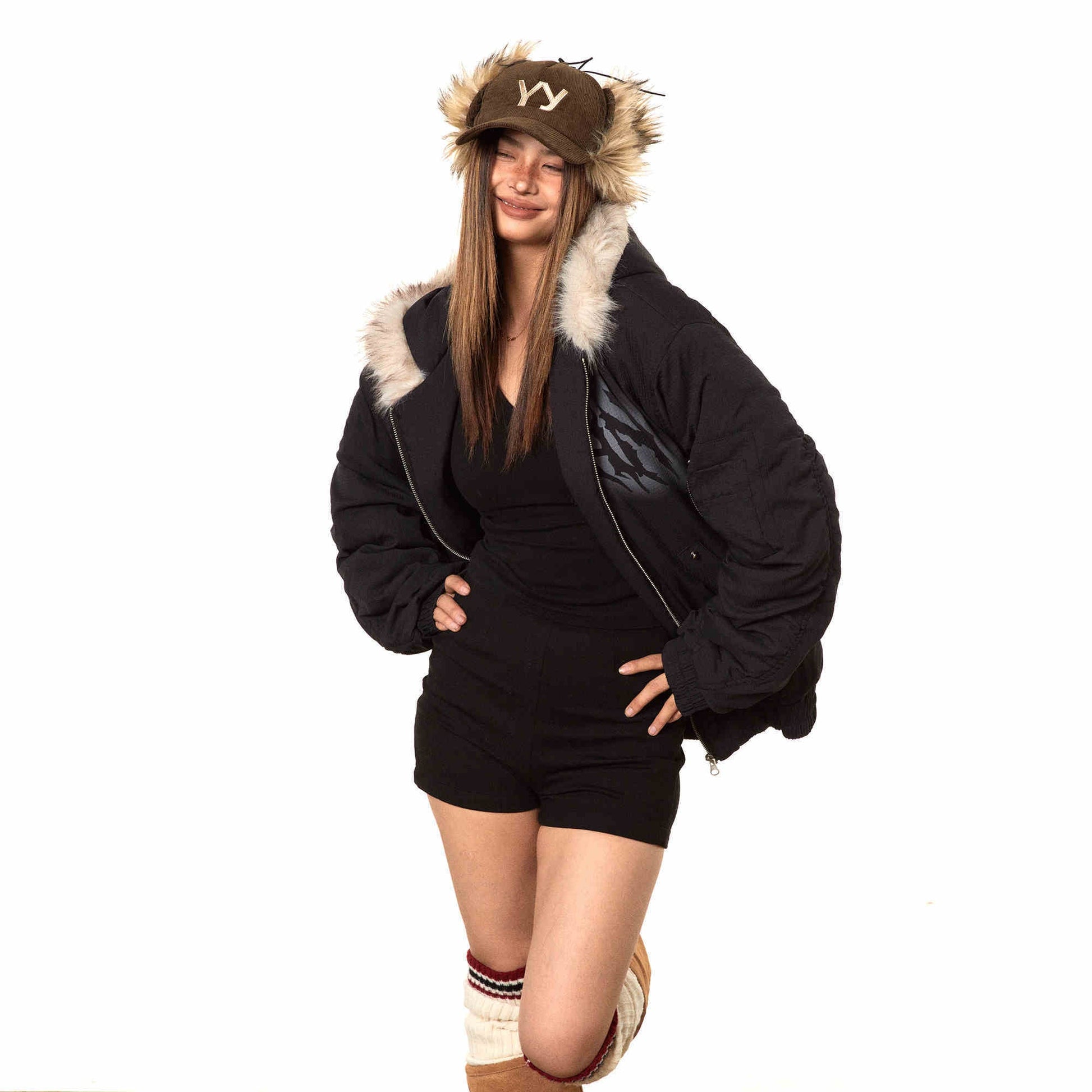 Printed Hooded Fur Collar Cotton-padded Coat Baggy Coat - Black / S