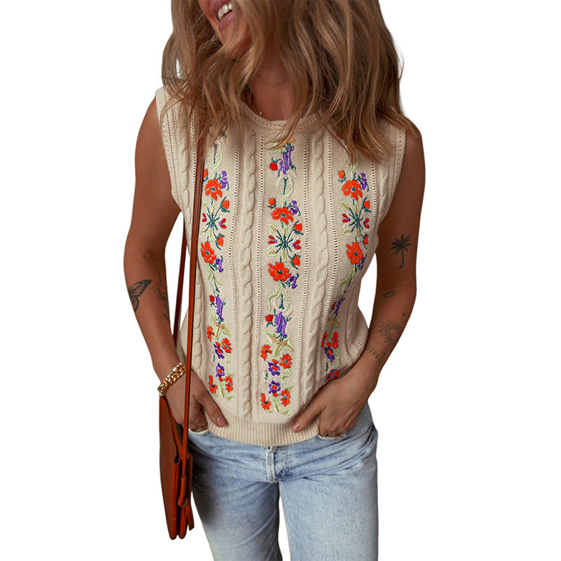Fashion Floral Embroidered Knitted Vest For Women New Niche Retro Outerwear Sleeveless Top For Women - Apricot / S