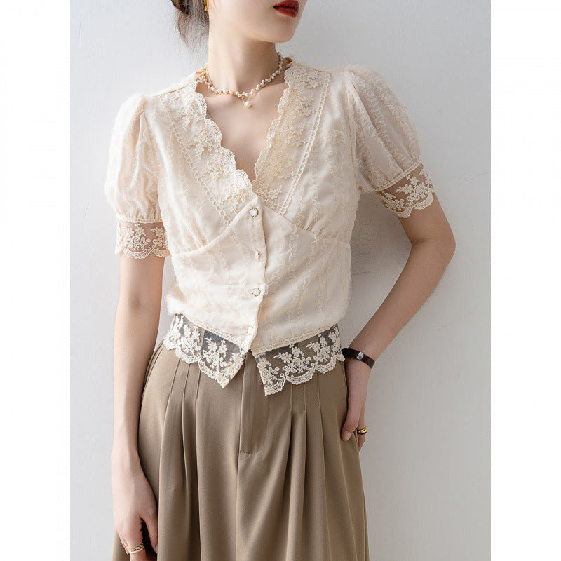 New Women’s Summer Short Sleeve Chiffon Lace Shirt Top