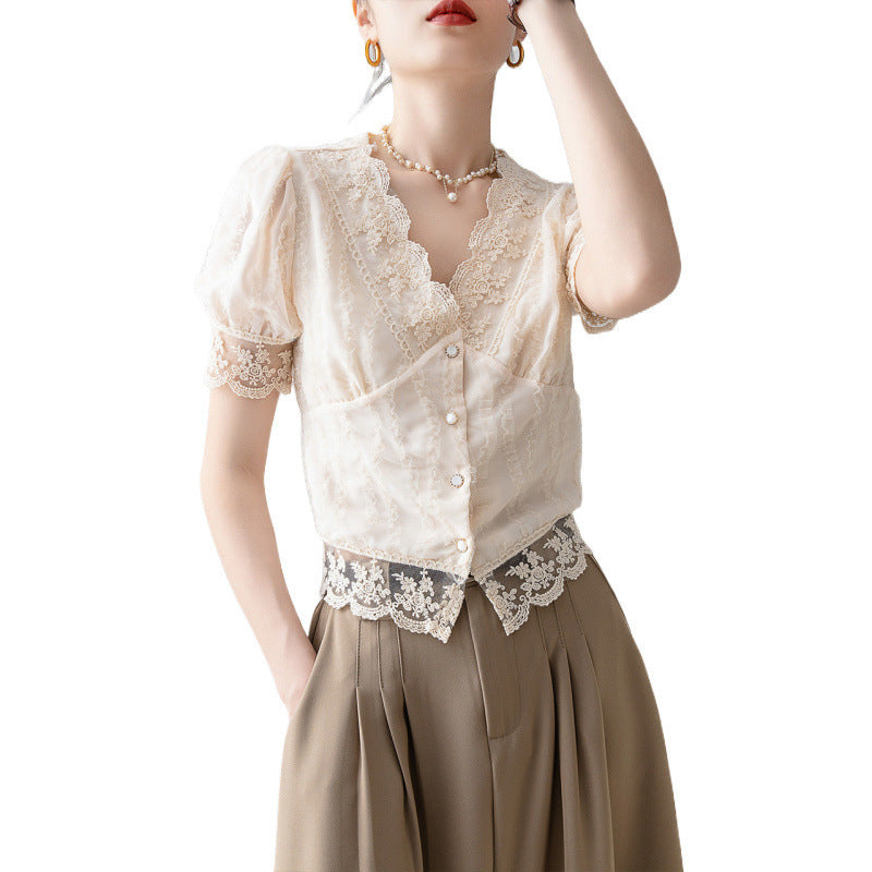 New Women’s Summer Short Sleeve Chiffon Lace Shirt Top