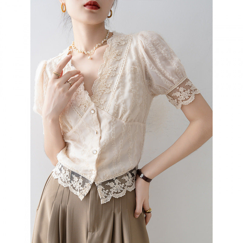 New Women’s Summer Short Sleeve Chiffon Lace Shirt Top
