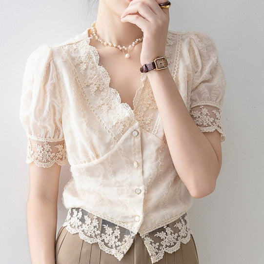 New Women’s Summer Short Sleeve Chiffon Lace Shirt Top