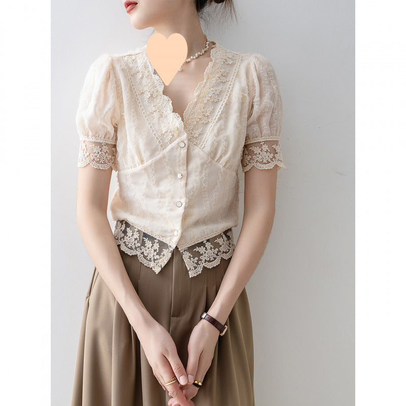 New Women’s Summer Short Sleeve Chiffon Lace Shirt Top
