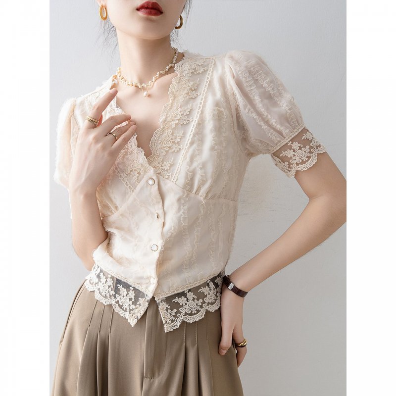 New Women’s Summer Short Sleeve Chiffon Lace Shirt Top - Apricot / S