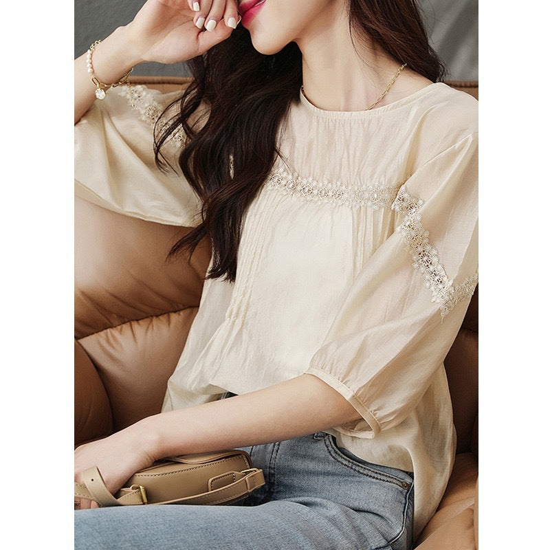 Design Sense Puff Sleeve Shirt Women’s Lace - Apricot / S