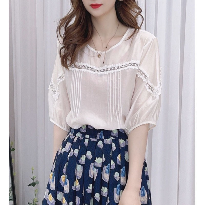 Design Sense Puff Sleeve Shirt Women’s Lace - White / S