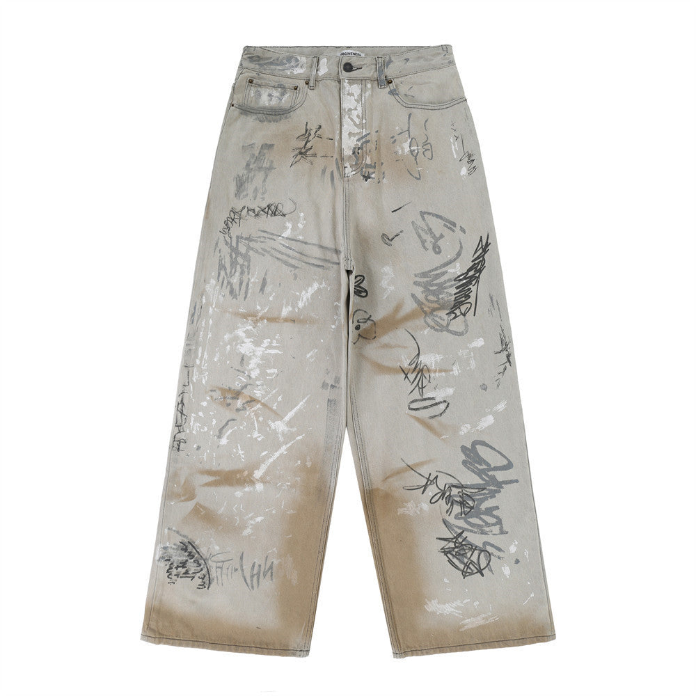 Hand Painted Graffiti Worn Jeans Men - Apricot / S