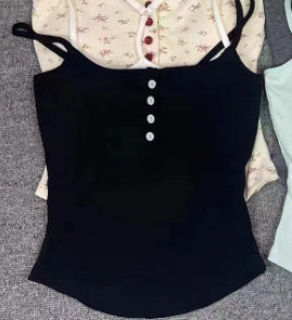 Pure Desire Style Fake Two Pieces Floral Spaghetti Straps Outerwear Slimming Summer Vest - Black / Average Size