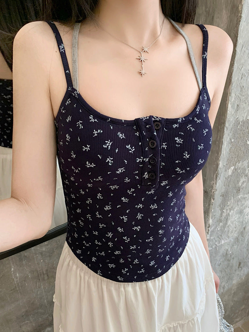 Pure Desire Style Fake Two Pieces Floral Spaghetti Straps Outerwear Slimming Summer Vest - Dark Purple / Average Size
