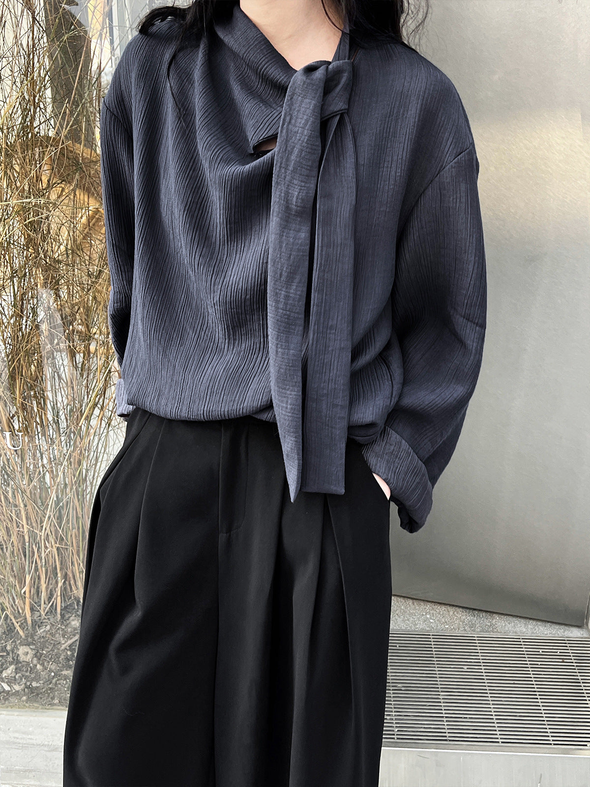Retro Elegant Ribbon Texture Shirt For Women - Dark Gray / M