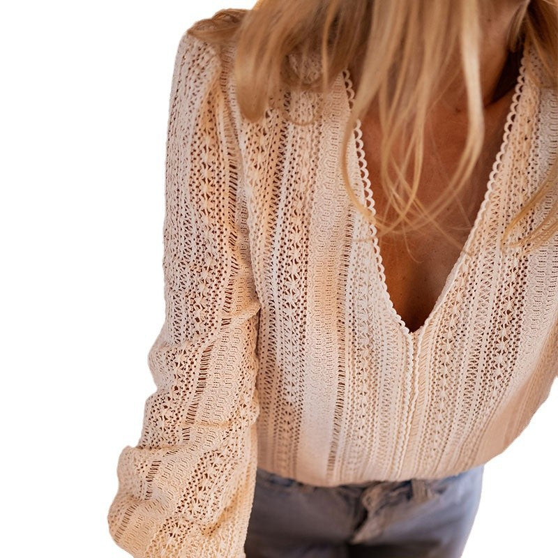 Women’s Clothing New V-neck Solid Color Long Sleeve Shirt Top