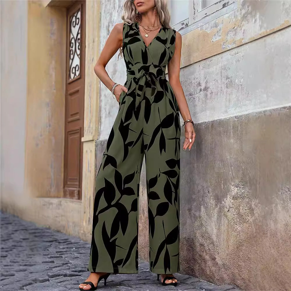 Fashionable High Waist Lace-up Wide Leg Jumpsuit For Women - S / Gray Green Black Flower