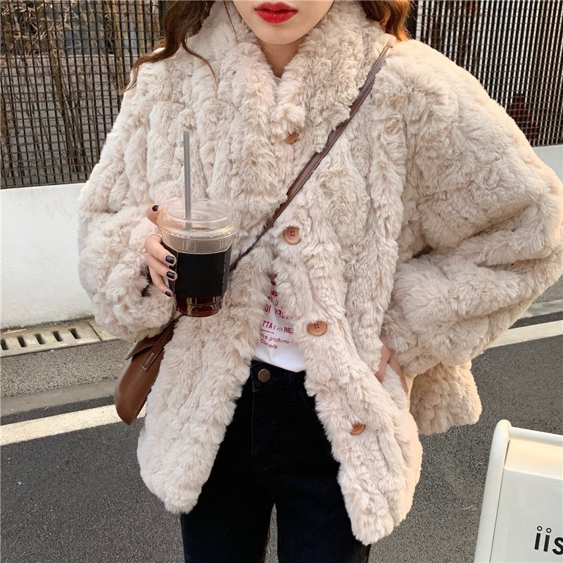 Faux Lamb Fur Coat Slimming Top - Apricot / S