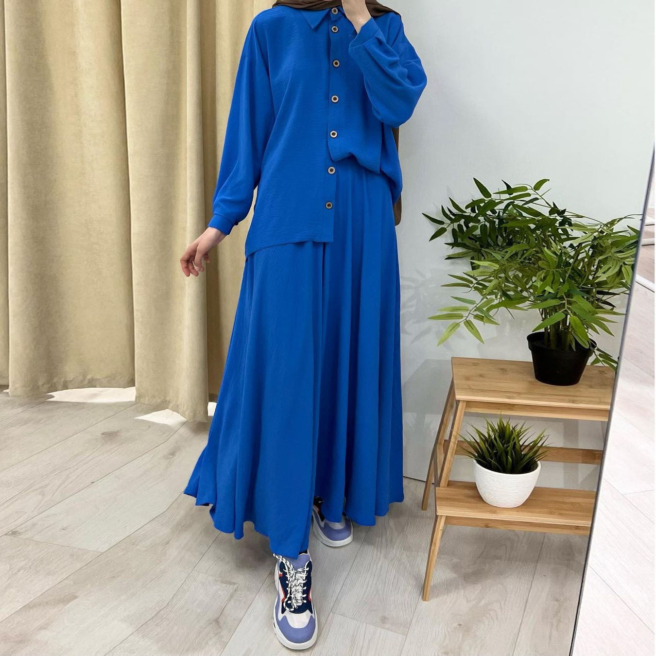 Middle East Arab New Fashion Style Long Sleeve Large Swing Skirt Suit - Blue / M