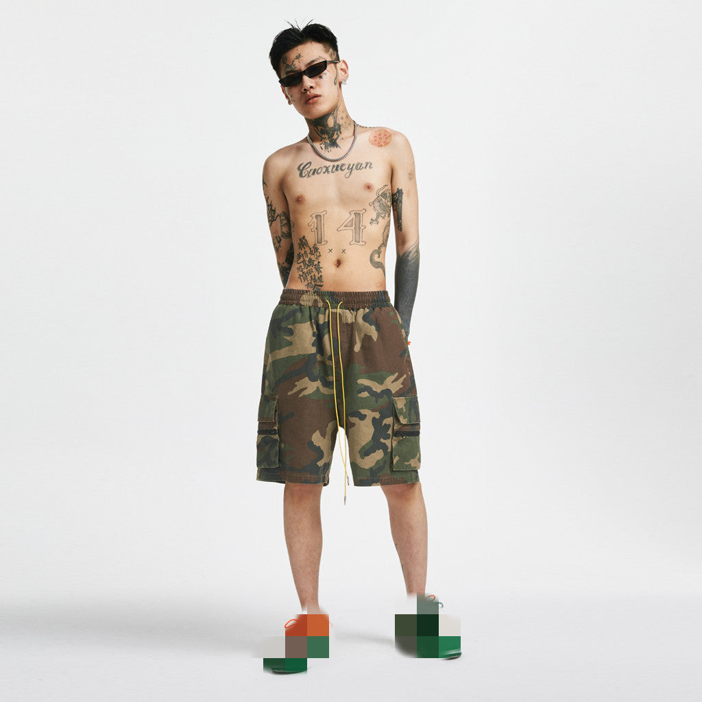 Summer Washed And Old Retro Camouflage Zipper Casual Shorts Men’S Trend