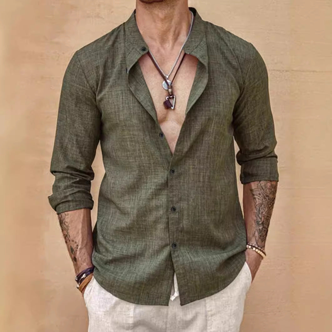 Stand Collar Long Sleeve Men’s Cardigan Shirt Men’s Top