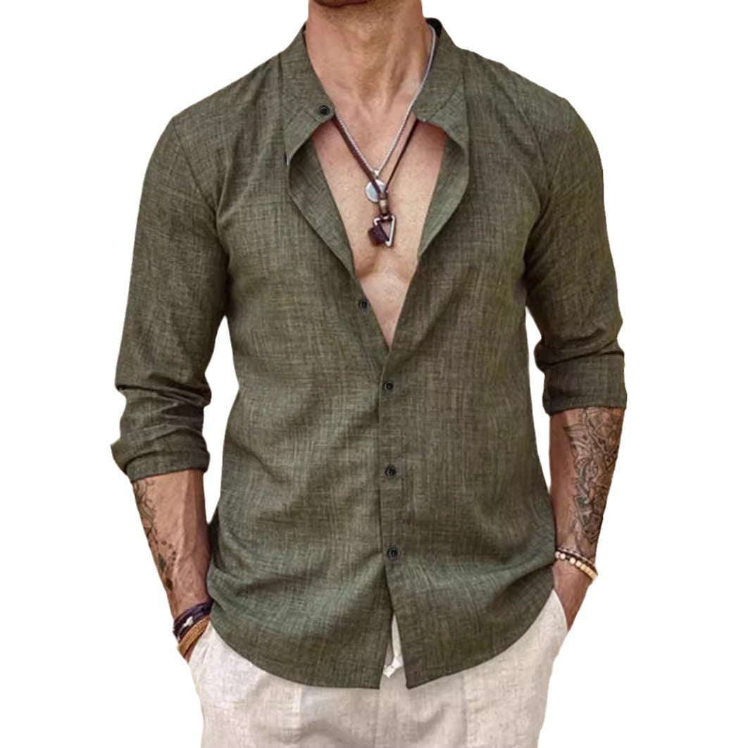 Stand Collar Long Sleeve Men’s Cardigan Shirt Men’s Top