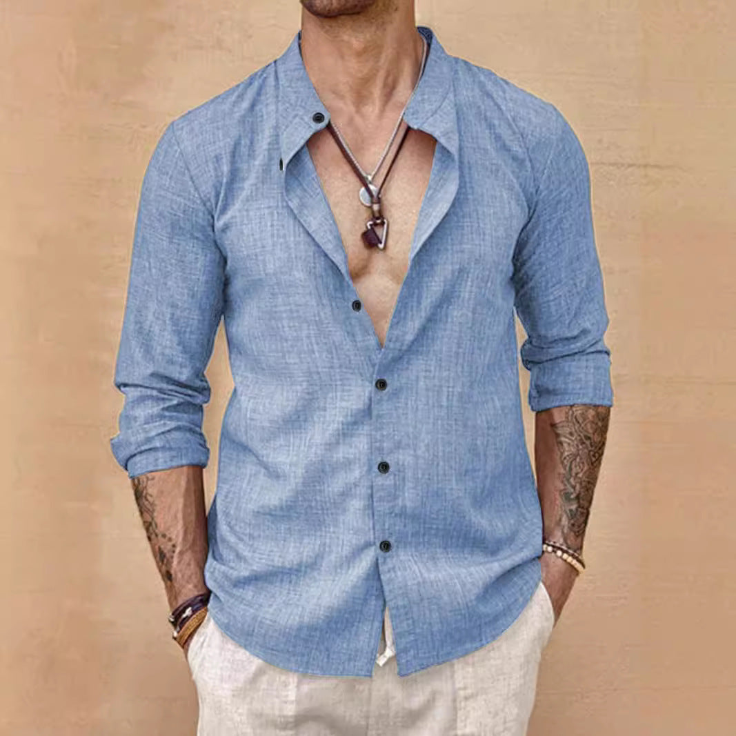 Stand Collar Long Sleeve Men’s Cardigan Shirt Men’s Top