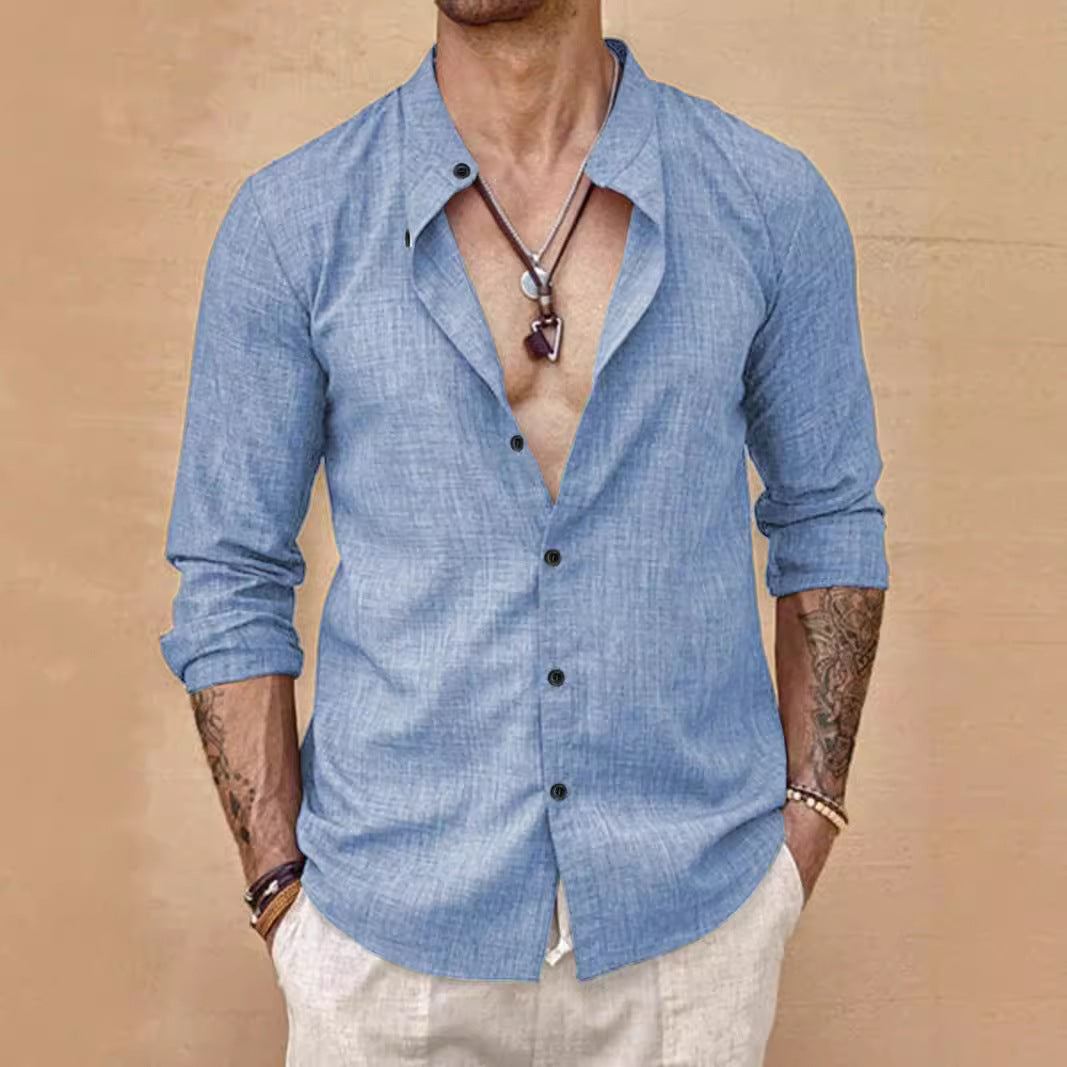 Stand Collar Long Sleeve Men’s Cardigan Shirt Men’s Top - Sky Blue / M