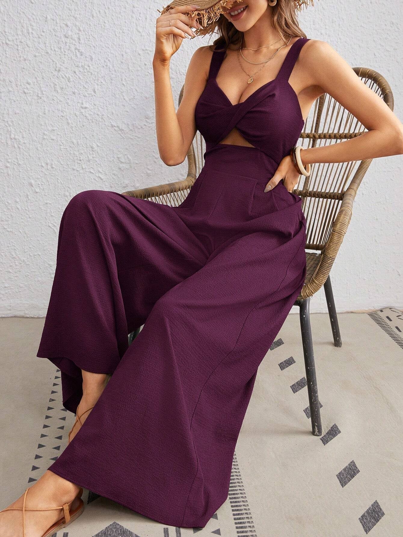 Women’s Solid Color Loose Overall One Piece Summer Beach Jumpsuit With Spaghetti Straps - Purple / S - 4