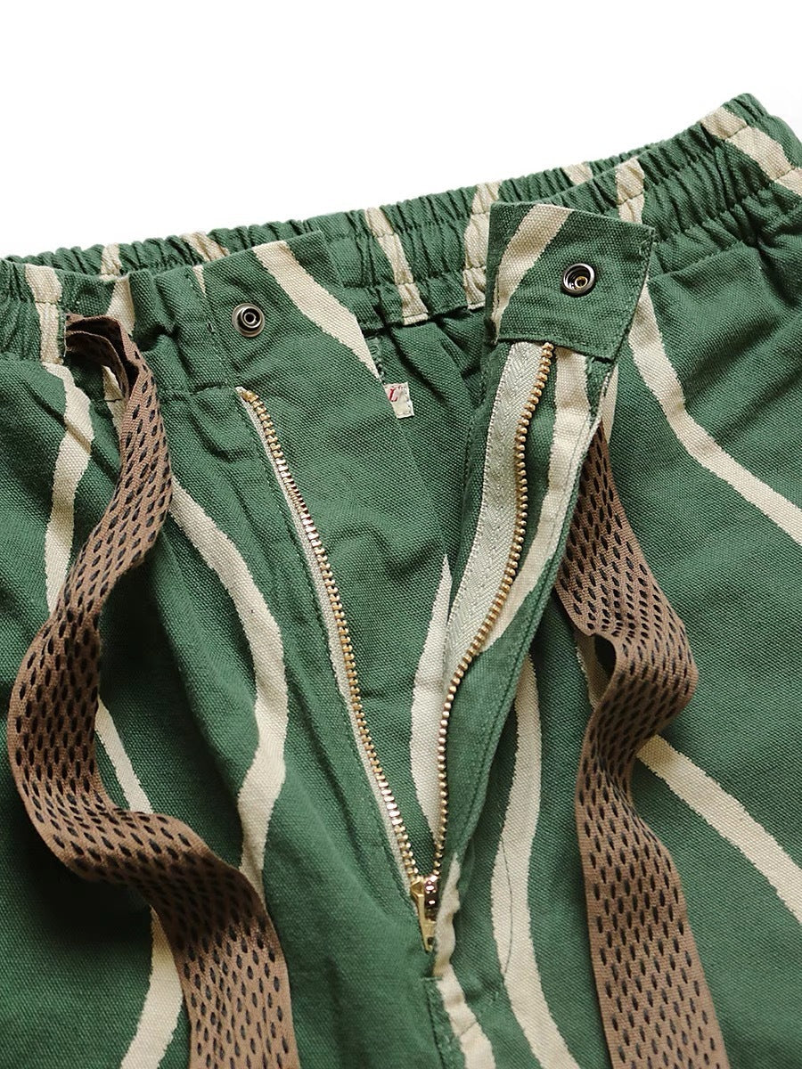 Cotton Linen Water Ripple Printing Japanese Trend Tether Casual Overalls Shorts