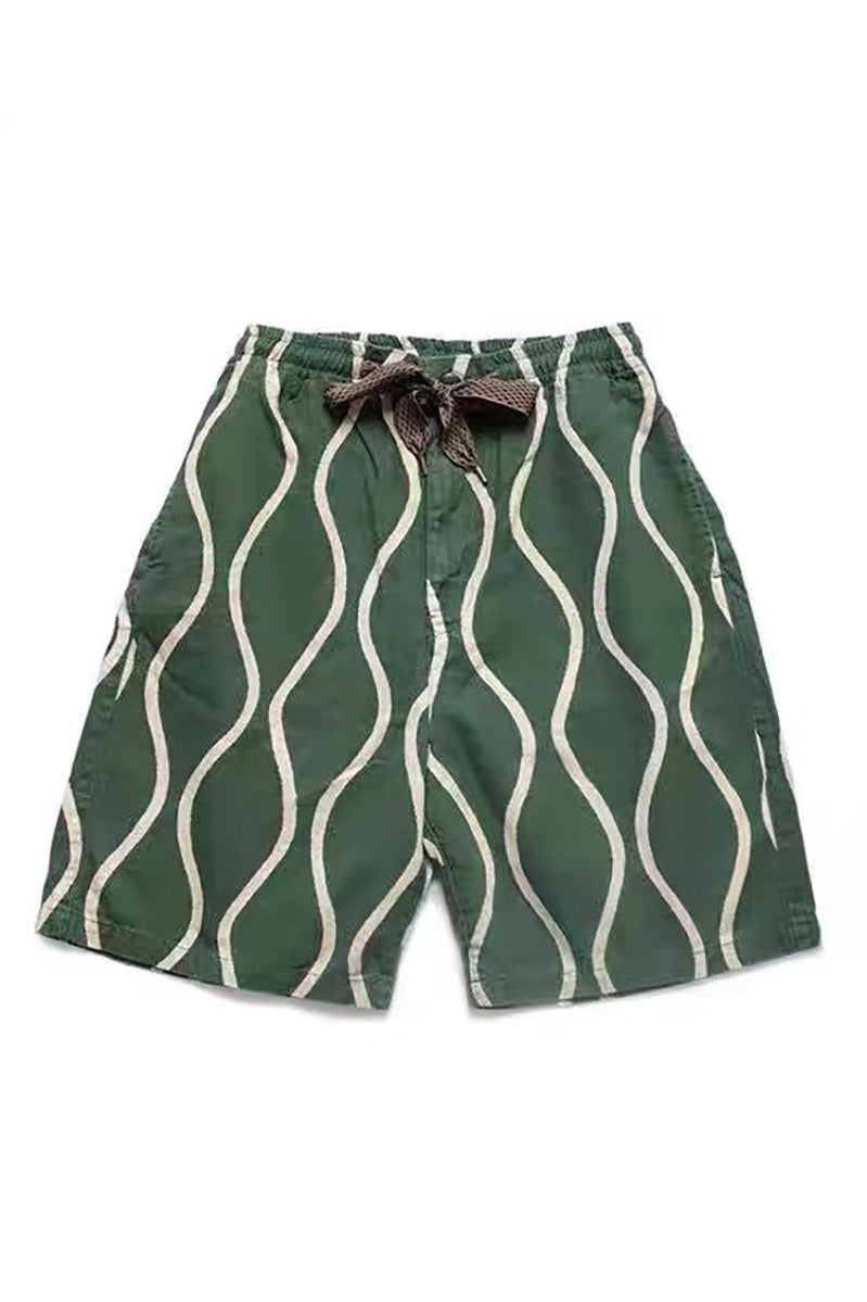 Cotton Linen Water Ripple Printing Japanese Trend Tether Casual Overalls Shorts - Green / Number