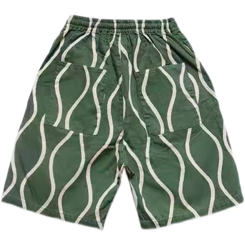 Cotton Linen Water Ripple Printing Japanese Trend Tether Casual Overalls Shorts - Green / Number three