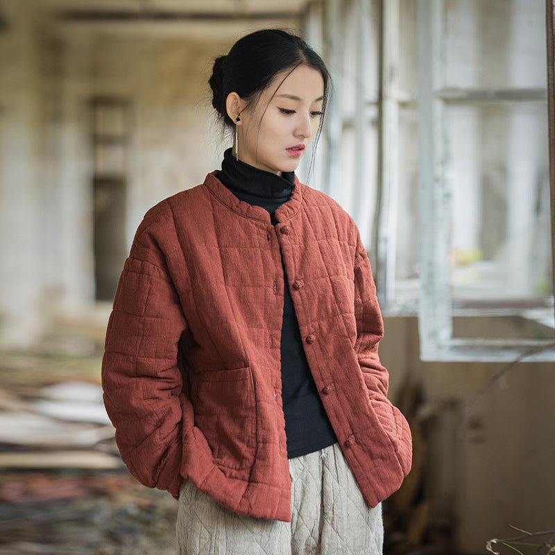 Fashion Artistic Women’s Short Cotton-padded Coat - Dark Red / Free Size
