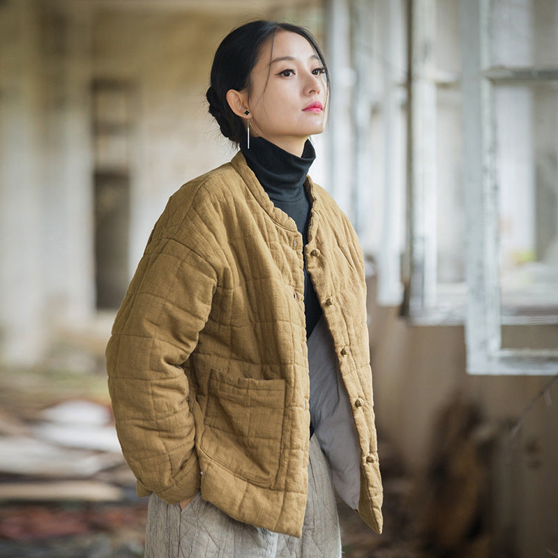 Fashion Artistic Women’s Short Cotton-padded Coat - Yellowish Brown / Free Size