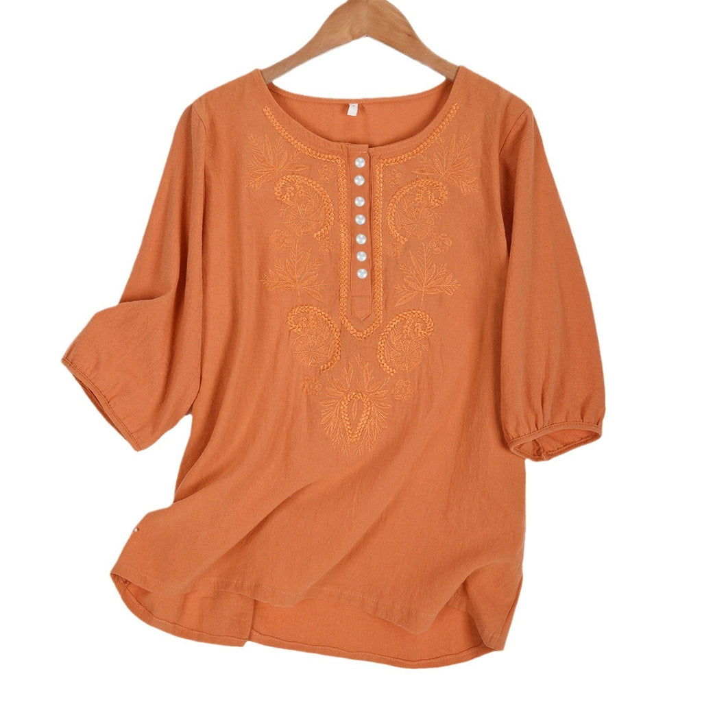 Artistic Retro Loose Design Embroidered Crew Neck Thin Cotton And Linen Women’s Top