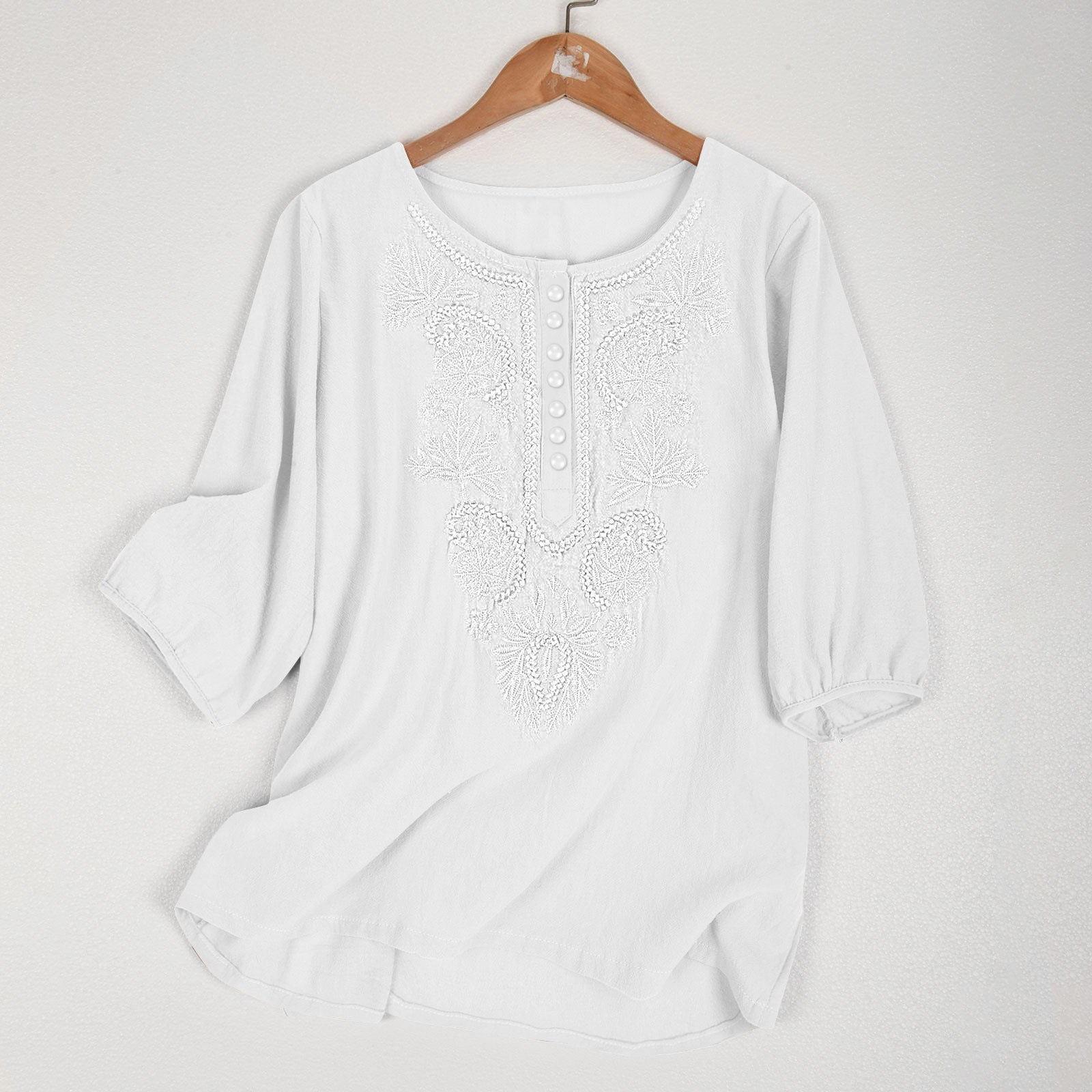 Artistic Retro Loose Design Embroidered Crew Neck Thin Cotton And Linen Women’s Top