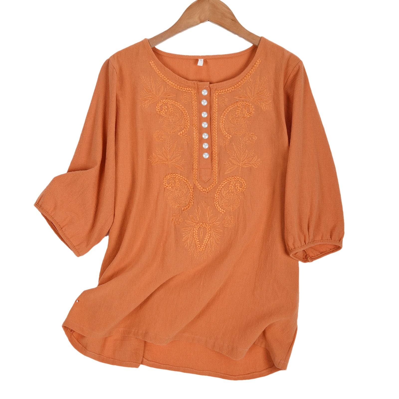 Artistic Retro Loose Design Embroidered Crew Neck Thin Cotton And Linen Women’s Top