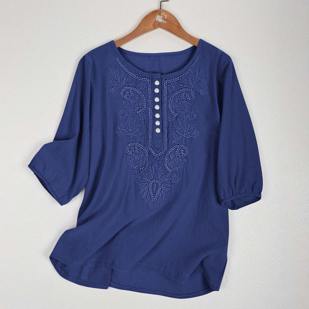 Artistic Retro Loose Design Embroidered Crew Neck Thin Cotton And Linen Women’s Top