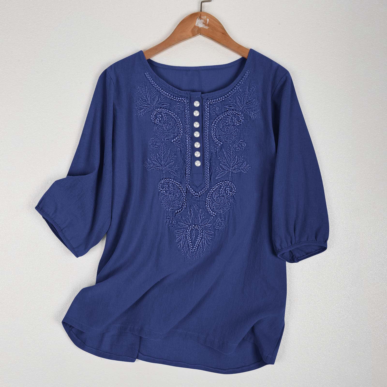 Artistic Retro Loose Design Embroidered Crew Neck Thin Cotton And Linen Women’s Top