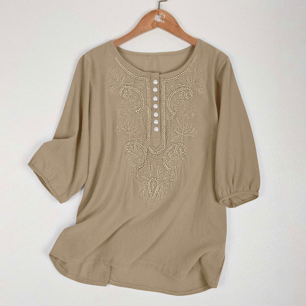 Artistic Retro Loose Design Embroidered Crew Neck Thin Cotton And Linen Women’s Top - Khaki / S