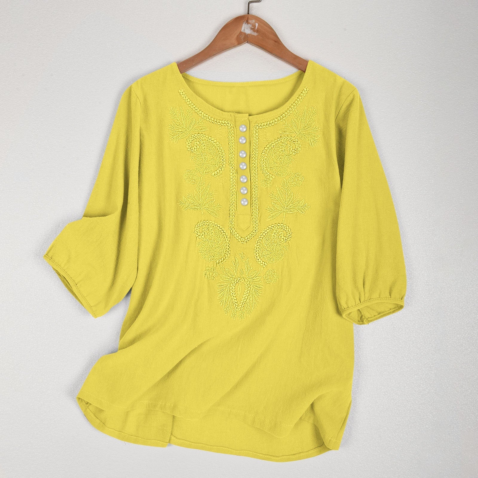 Artistic Retro Loose Design Embroidered Crew Neck Thin Cotton And Linen Women’s Top - Yellow / S