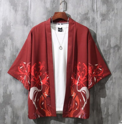 Summer Three-quarter Sleeve Shirt Men’s Loose Chinese Style Men’s Clothing - Maroon / M
