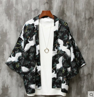 Summer Three-quarter Sleeve Shirt Men’s Loose Chinese Style Men’s Clothing - Very fairy flying crane / M