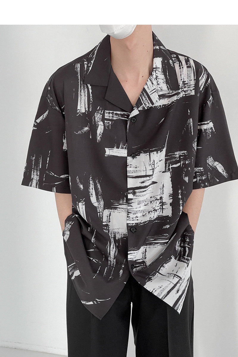 Japanese Cuban Collar Short-sleeved Shirt Men’s Five-point Sleeve Shirt Loose Trend