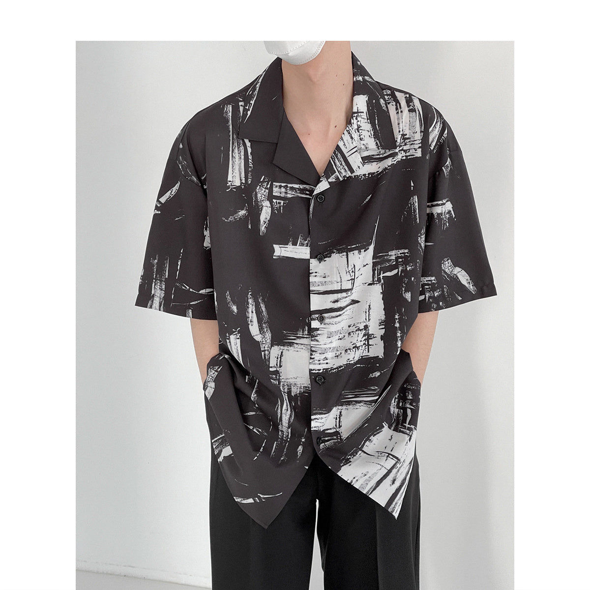 Japanese Cuban Collar Short-sleeved Shirt Men’s Five-point Sleeve Shirt Loose Trend - Black / M