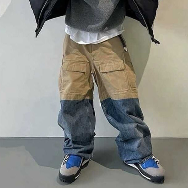 Retro Multi-pocket Stitching Denim Contrast Color Loose Straight Casual Pants