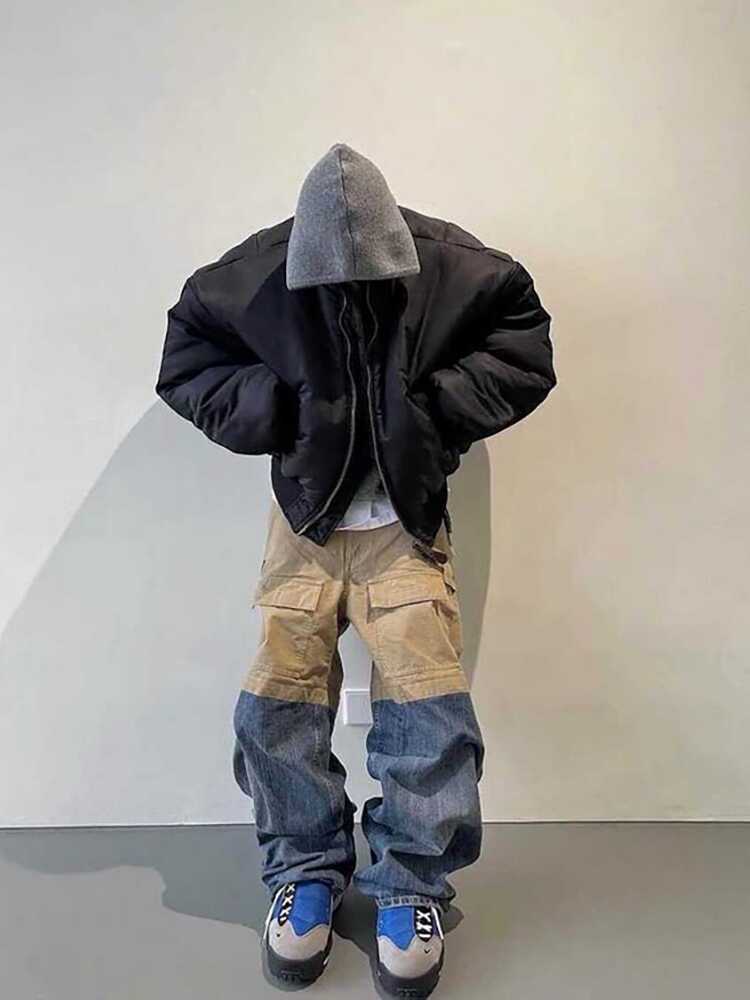 Retro Multi-pocket Stitching Denim Contrast Color Loose Straight Casual Pants