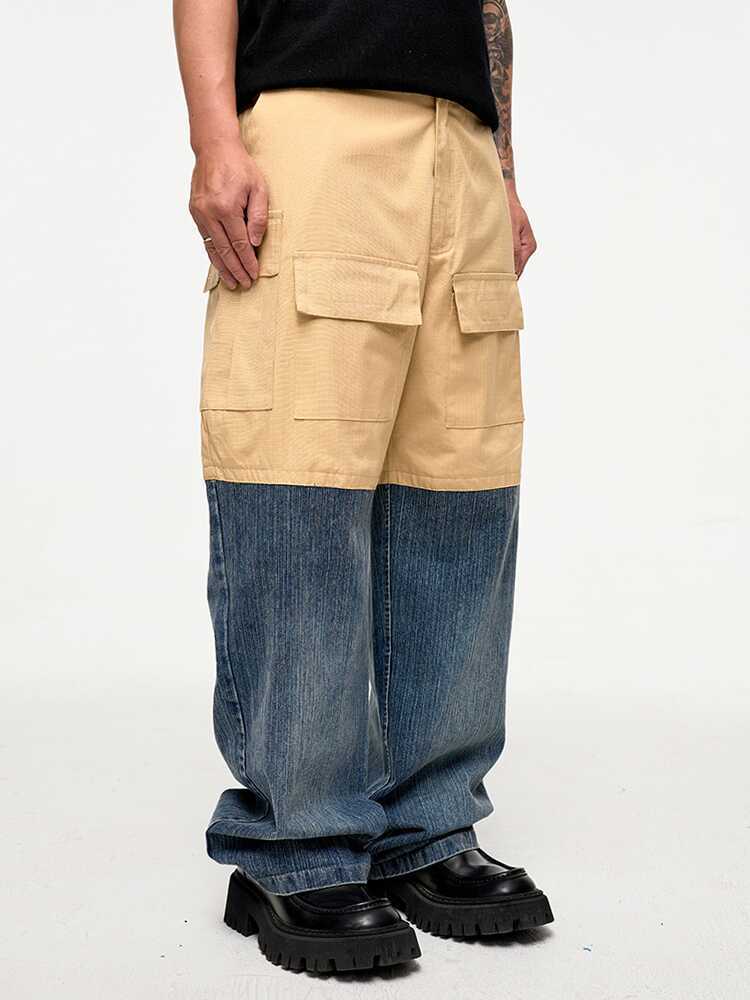Retro Multi-pocket Stitching Denim Contrast Color Loose Straight Casual Pants