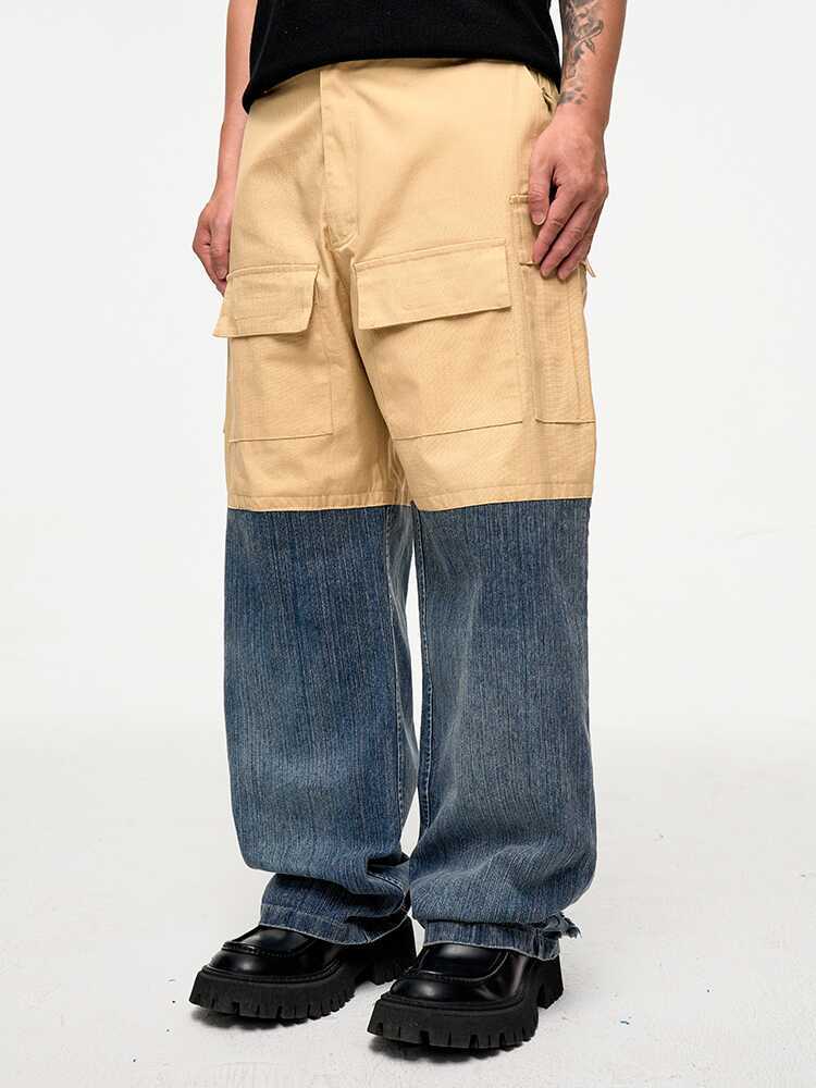 Retro Multi-pocket Stitching Denim Contrast Color Loose Straight Casual Pants