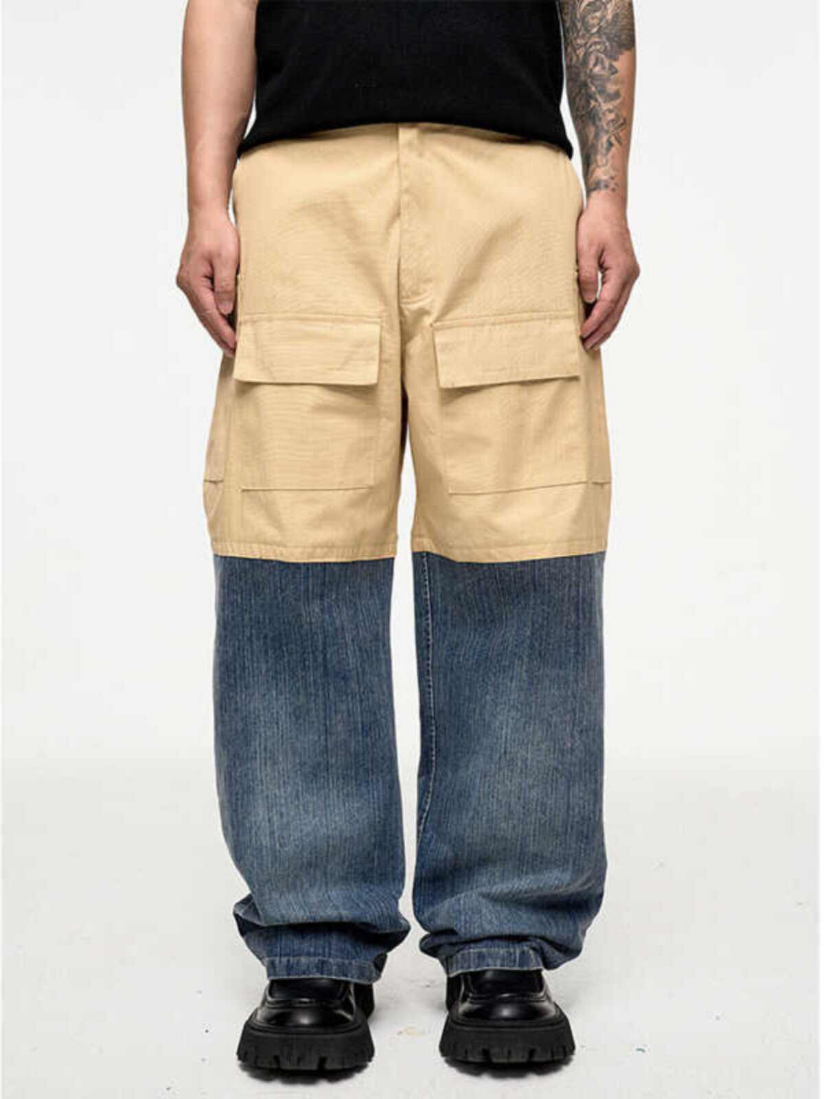 Retro Multi-pocket Stitching Denim Contrast Color Loose Straight Casual Pants - Picture Color / XXL