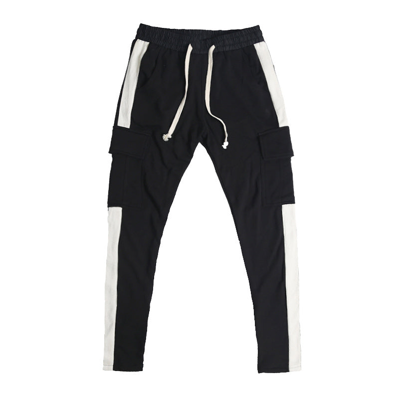 White Edge Woven Belt Large Pocket Zipper Casual Pants