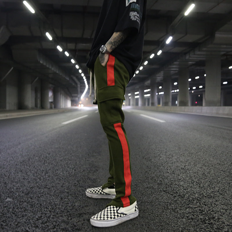 White Edge Woven Belt Large Pocket Zipper Casual Pants - Green / XL