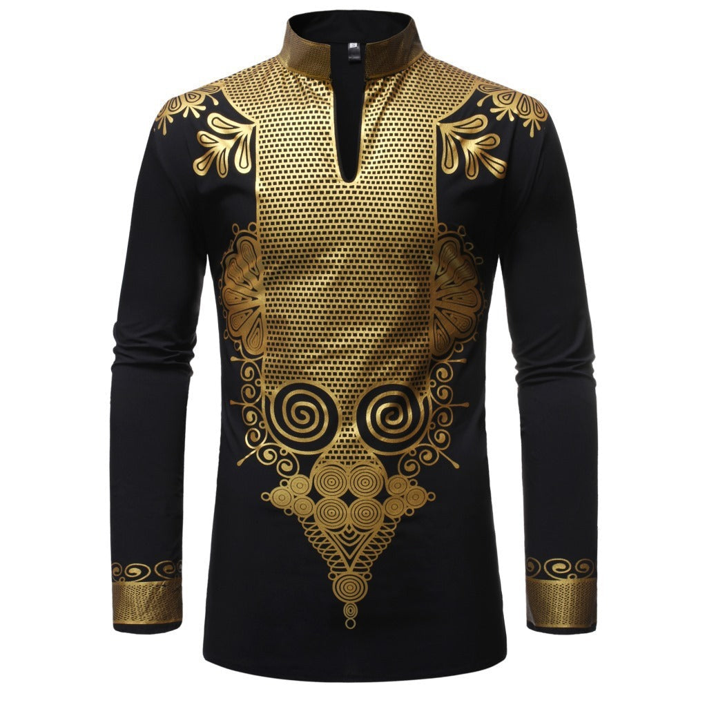 African Style Bronzing Stand Collar Long Sleeves - Black / S