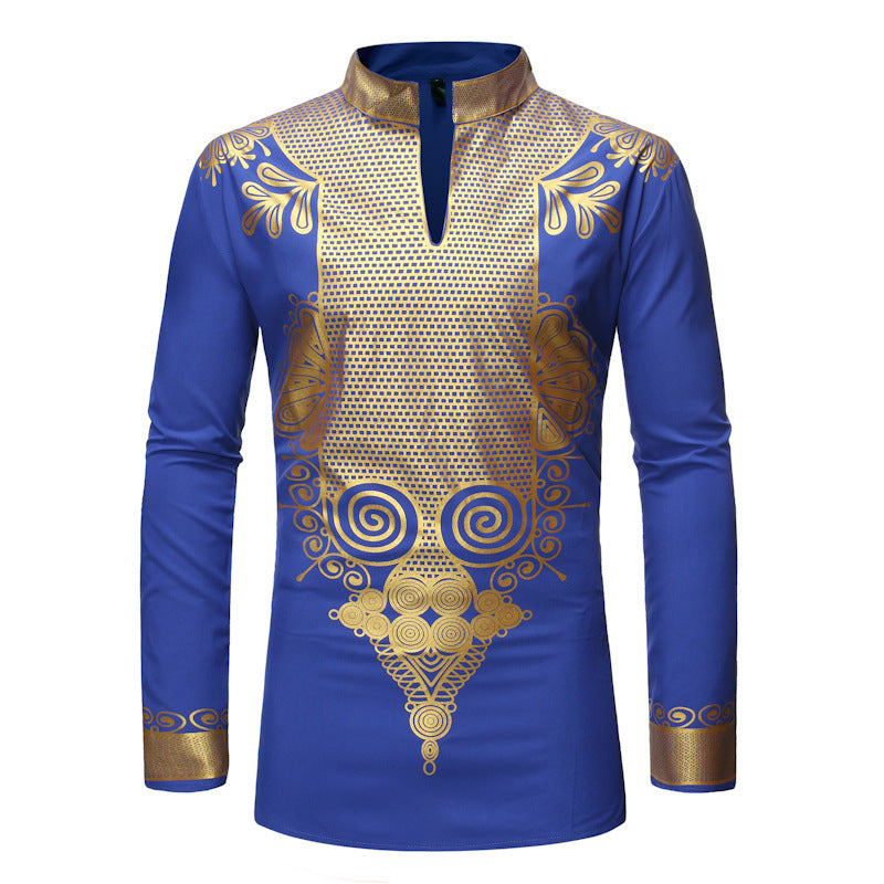 African Style Bronzing Stand Collar Long Sleeves - Royal Blue / S